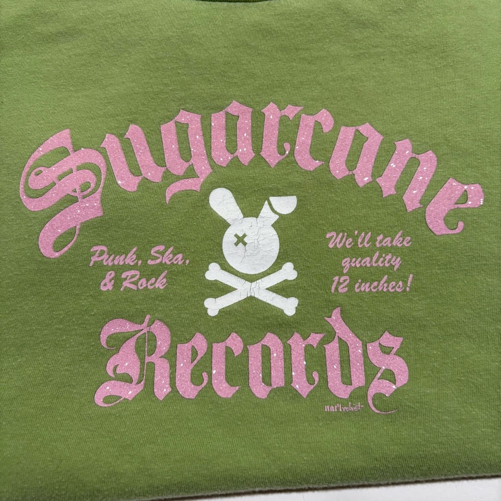 🐰🤍 Y2K Bunny Graphic Tee Sparkly Pink & Olive, Sugarcane Records, Sz XL Punk - Picture 4 of 11
